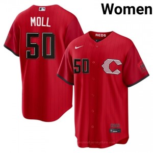 Cincinnati Reds Sam Moll #50 Red Women City Connect Baseball Jersey | 2026 Season Exclusive u5W23852