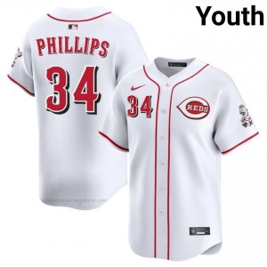 #34 Connor Phillips Official Youth Baseball Jersey | Reds White Fan Gear FnSU4527